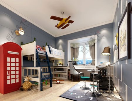 现代男孩房卧室效果图3D模型