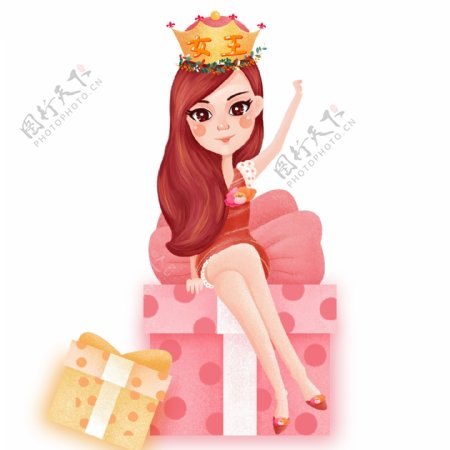 手绘女王节坐在礼物盒子上的女孩