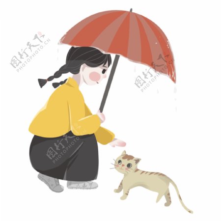 打伞的少女和小猫咪png元素