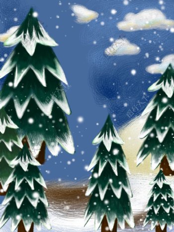 手绘冬季雪景插画广告背景