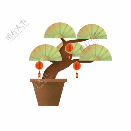 中国风扇形灯笼青树盆栽图案元素