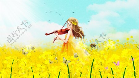 唯美清晰五月你好五月油菜花女孩小提琴插画