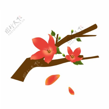 春天元素红色花朵花枝花卉绿叶手绘简约风6