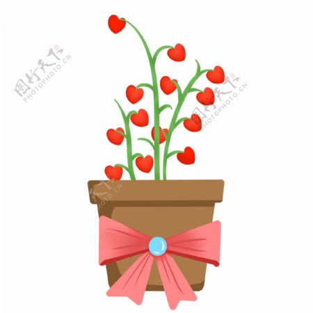 红色心形植物盆栽插画