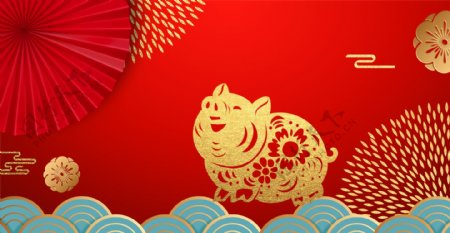 2019猪年烫金风金猪中国风花朵海报