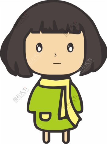手绘卡通穿绿色裙子戴围巾的可爱小女孩免抠元素