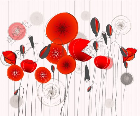 浪漫线条红色花朵背景墙