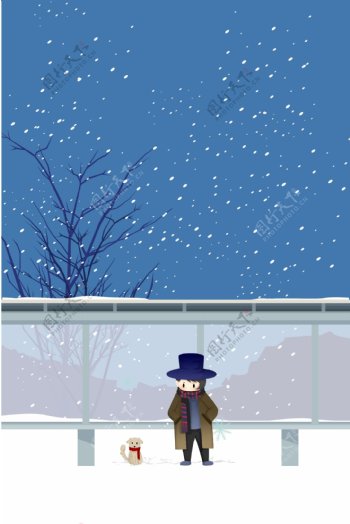 冬天公交站牌等车的旅行少年