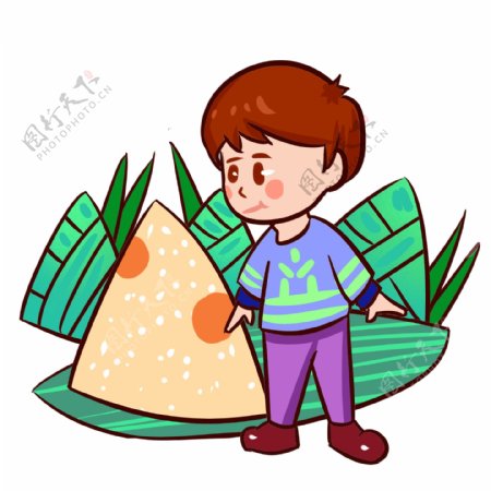 端午节吃粽子的男孩手绘插画