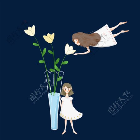简约玻璃花瓶旁边的女孩插画海报免抠元素