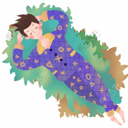 躺树叶上睡觉的男孩插画