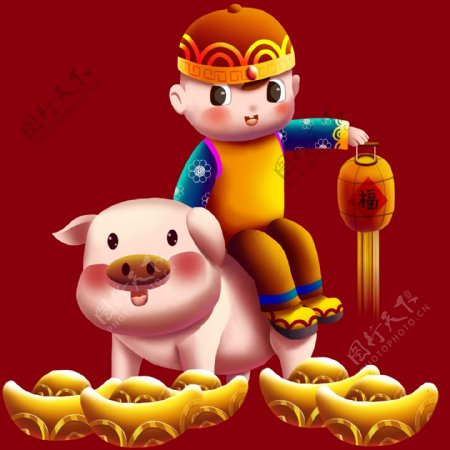 猪年主题骑猪童子手绘免抠元素