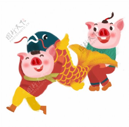 春节卡通手绘年画风格锦鲤和小猪