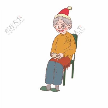 圣诞节卡通手绘拿坐着老太太