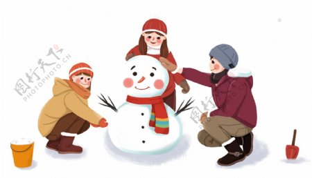 二十四节气之小雪堆雪人主题插画