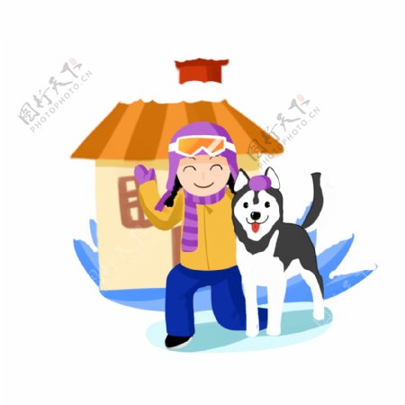 玩雪男孩和狗手绘卡通人物PNG素材