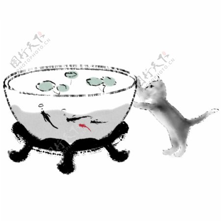 手绘中国风国画鱼缸水墨鱼猫
