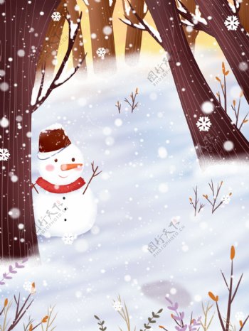 手绘树林中的雪人背景素材