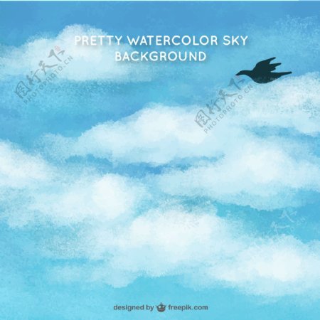 水彩绘云朵天空和鸟