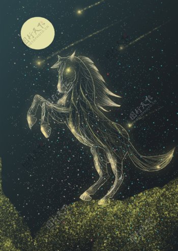 治愈系抽象星空奔腾的马唯美夜色晚安世界