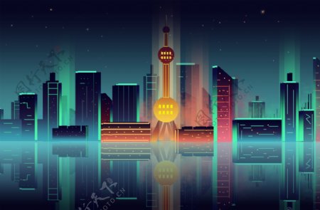 渐变城市夜景上海地标东方明珠科技感插画