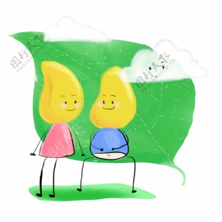 芒果水果笑脸多云绿叶春天卡通可爱黄色图案