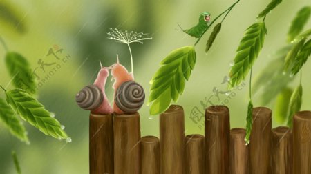 绿色小清新谷雨节气蜗牛插画背景设计