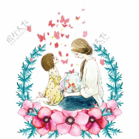 手绘卡通坐在花环中的母女元素