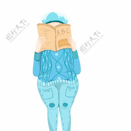 清新蓝色看书的女孩子手绘设计