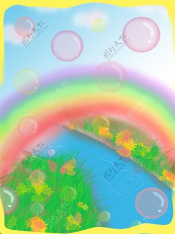 彩虹下的彩色泡泡免抠图背景边框素材