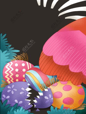 黑色手绘复活节彩蛋插画背景