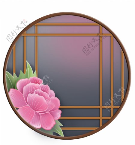 中国风木质窗格和粉色牡丹花
