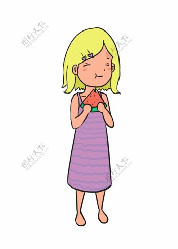 小女孩双手拿着一块西瓜吃