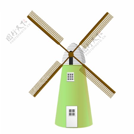 褐色风车和绿色建筑物