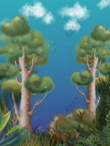 卡通绿色树林风景插画背景
