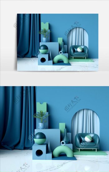 C4D蓝色调家具几何物体模型