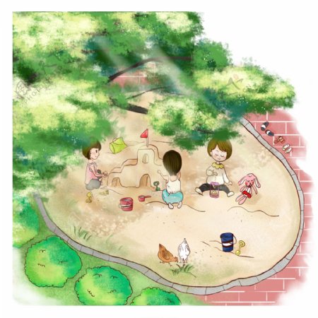 夏日清新可爱风儿童玩耍沙池小场景元素