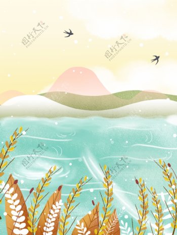 彩绘芒种节大海麦穗背景设计