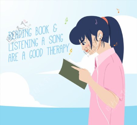 卡通边听音乐边读书的女孩