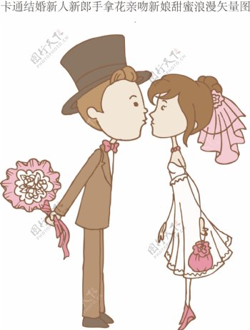 卡通结婚新人新郎手拿花亲吻新娘