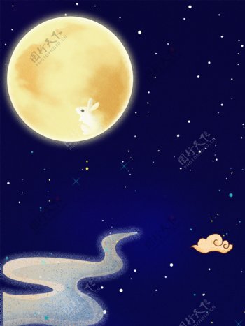 蓝色梦幻手绘夜晚月亮插画背景