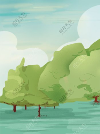 卡通清新森林树林夏季插画背景