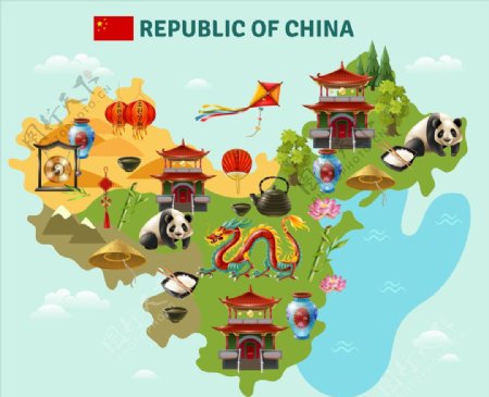中国观光旅游特色元素创意插画