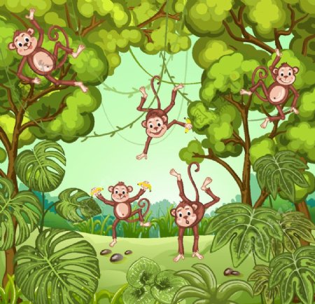 卡通丛林里的猴子矢量素材