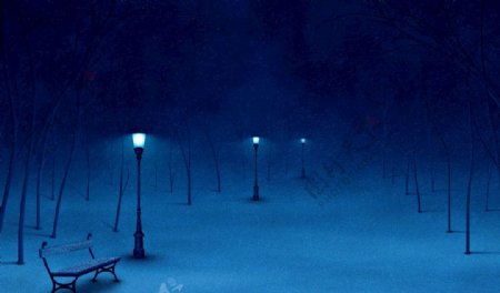 夜幕雪地上的路灯