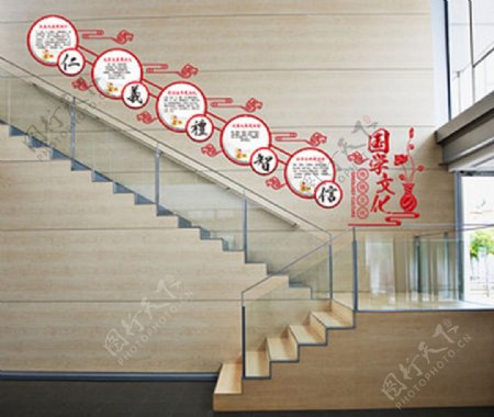 红色古典国学经典楼梯文化墙校园