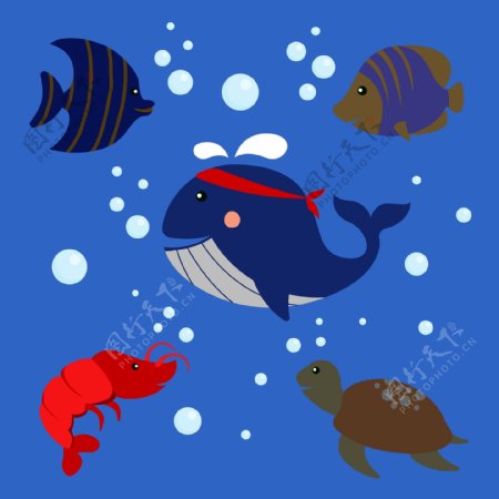 卡通海鱼热带鱼鲸鱼龙虾