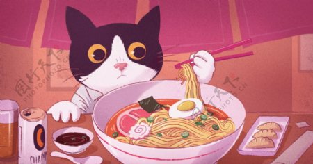 猫用筷子吃一碗拉面