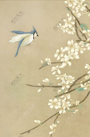 古典手绘花鸟插花