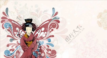 日本元素和服女子蝴蝶翅膀卡通元